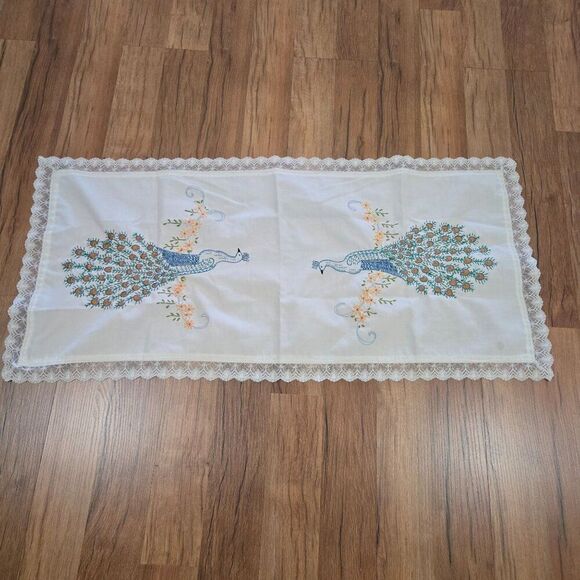 Vintage Embroidered Lace Table Runner Peacock Design - Picture 1 of 5